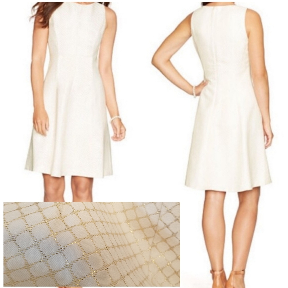 {14} NWT American Living Eggshell White Metallic Gold Grid Print Dress